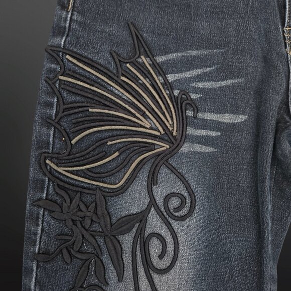 Y2K Embroidered Butterfly Jeans Bootcut Mid Rise Size 7 Fairy Boho Festival - Picture 2 of 8